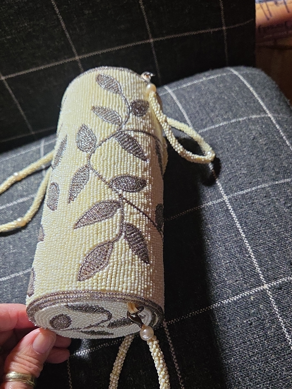 Round 8" Beaded Purse W/ Long Beaded Cord Strap